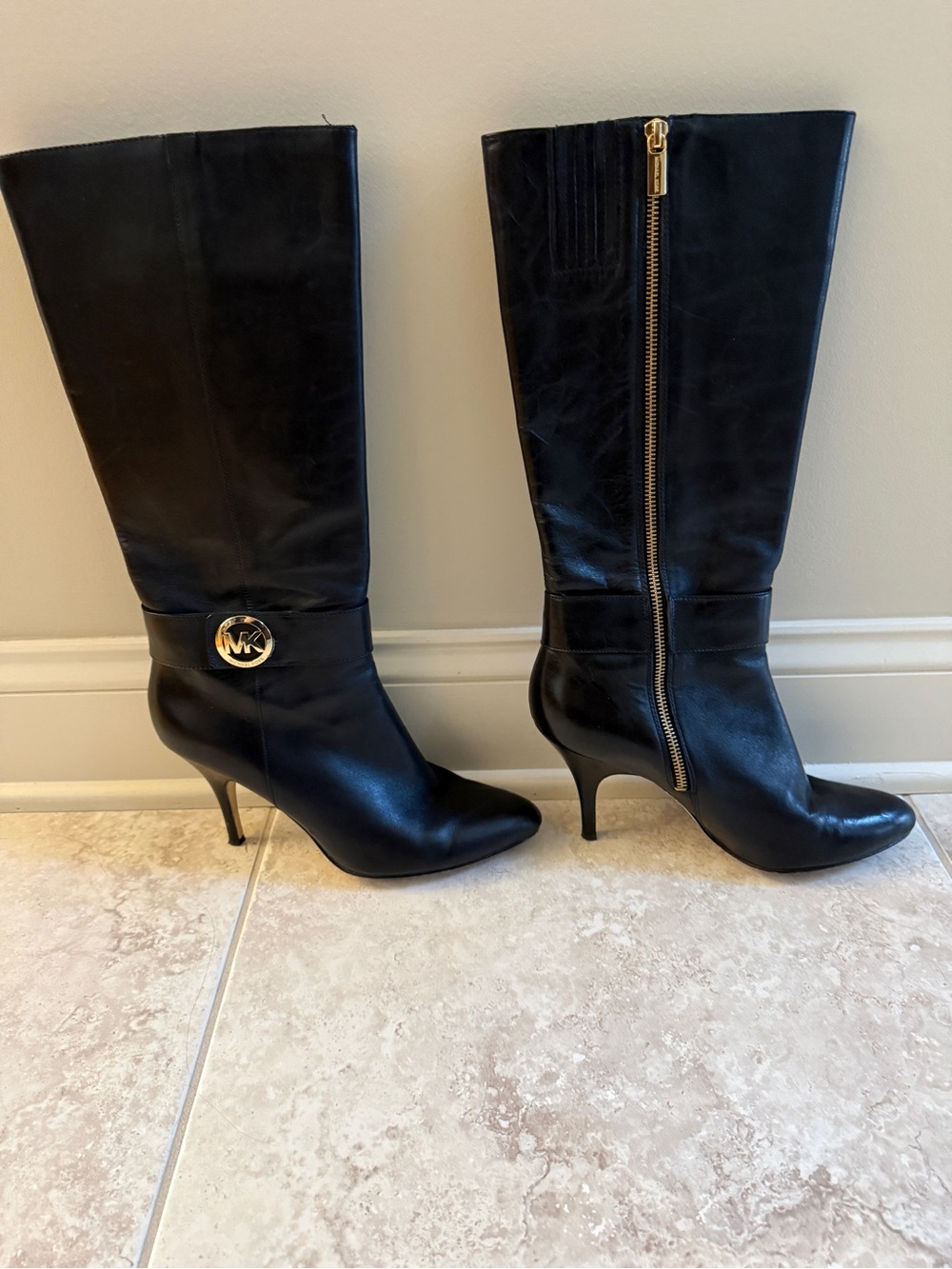 MICHAEL Michael Kors Black Leather Knee Boots with Gold MK Emblem